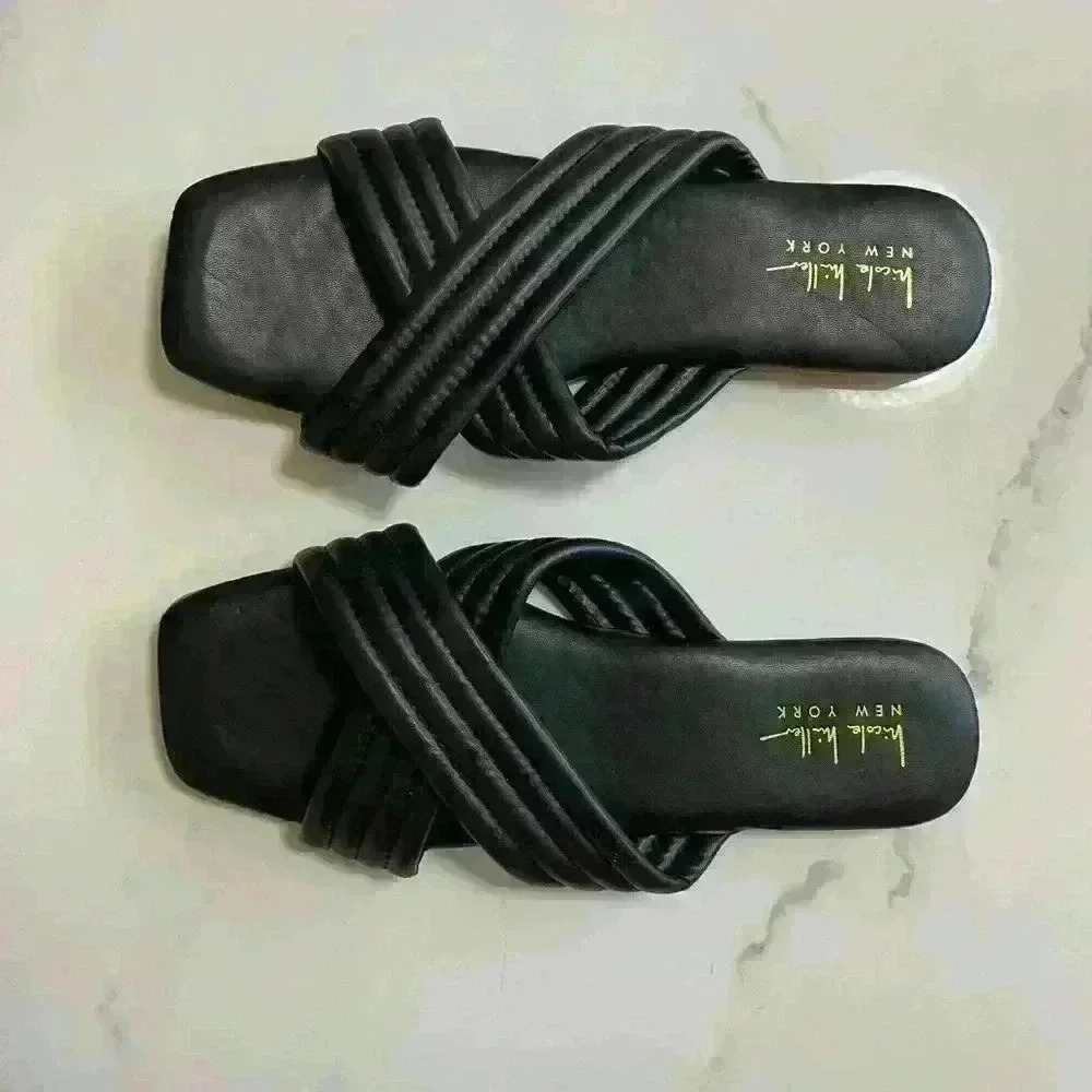 NICOLE MILLER Womens CROSS STRAP SANDAL SLIDE FLAT Black Size 8.5 - Picture 3 of 6